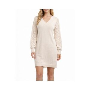 V-Neck Sweater Dress‎ Womens Loose Small Cream Pointelle Crochet Sleeve Knit